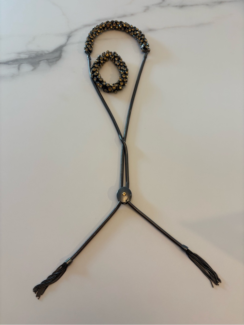 Gunmetal Beaded Adjustable Lariat Necklace with Bracelet.